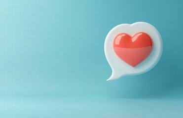 3D realistic white message bubble with a red heart on a blue background. love concept for a social media post or banner template design for Valentine's Day.