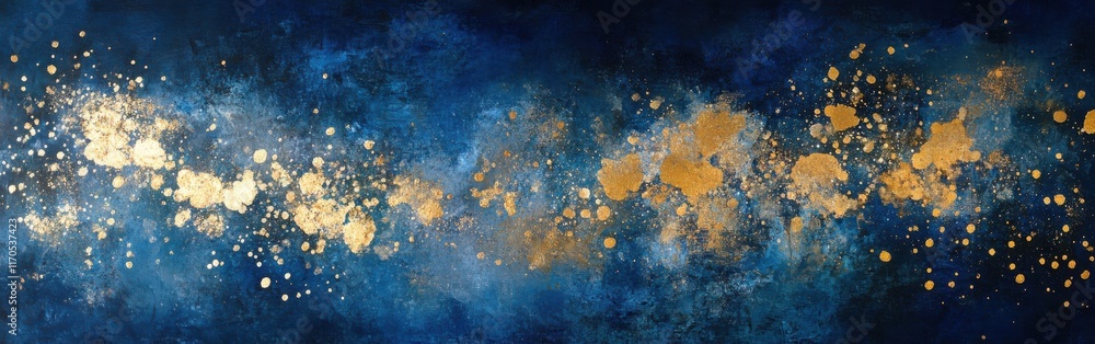 Aufkleber Golden sparkles cascade on a deep blue background, creating a mesmerizing abstract artwork