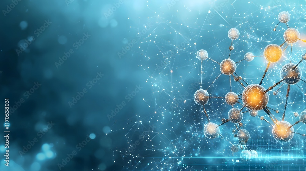 Poster quantum computer visualizing molecular bonds at atomic level with glowing connections and futuristic