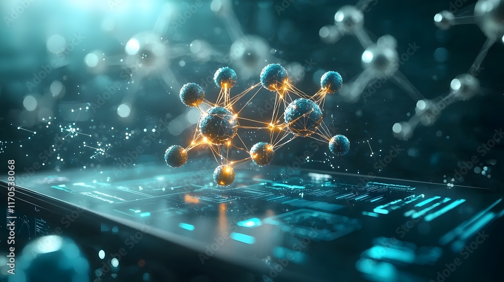 Poster A quantum computer visualizing molecular bonds at the atomic level with glowing connections between atoms and a futuristic digital interface leaving space at the bottom for copy or text overlay