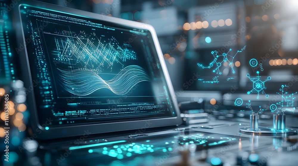 Poster futuristic visualization of fourier series decomposition using trigonometric functions on a quantum 