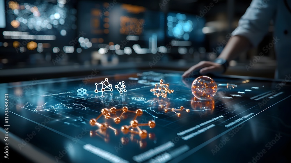 Poster A holographic display from a quantum computer showing detailed molecular bonding diagrams with rotating 3D models of covalent and ionic bonds leaving ample copy space at the top for text or branding