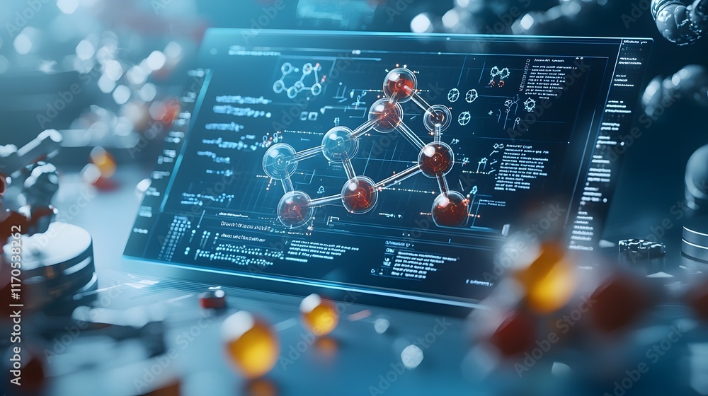 Poster holographic display from a quantum computer showing dynamic 3d models and diagrams of molecular bond