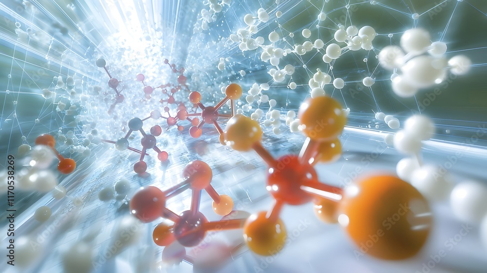 Poster holographic display from a quantum computer showing detailed molecular bonding diagrams with rotatin