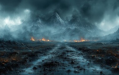 Desolate Battlefield Under Stormy Sky Dramatic Scene of Medieval Warfare Aftermath with Scattered Weapons Armor and Distant Mountains in Mist