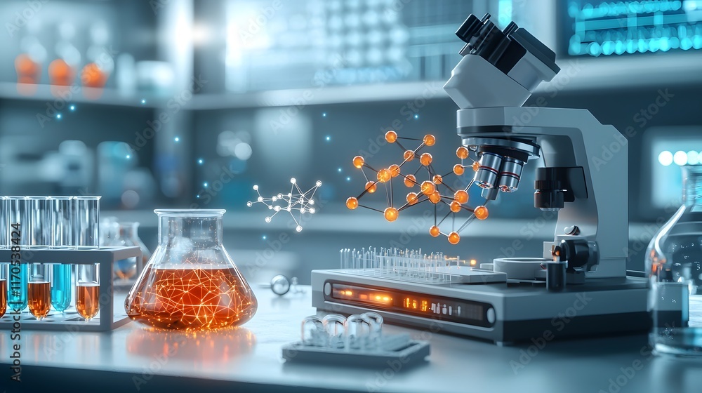 Poster futuristic laboratory setting with quantum algorithms simulating the formation and breaking of molec
