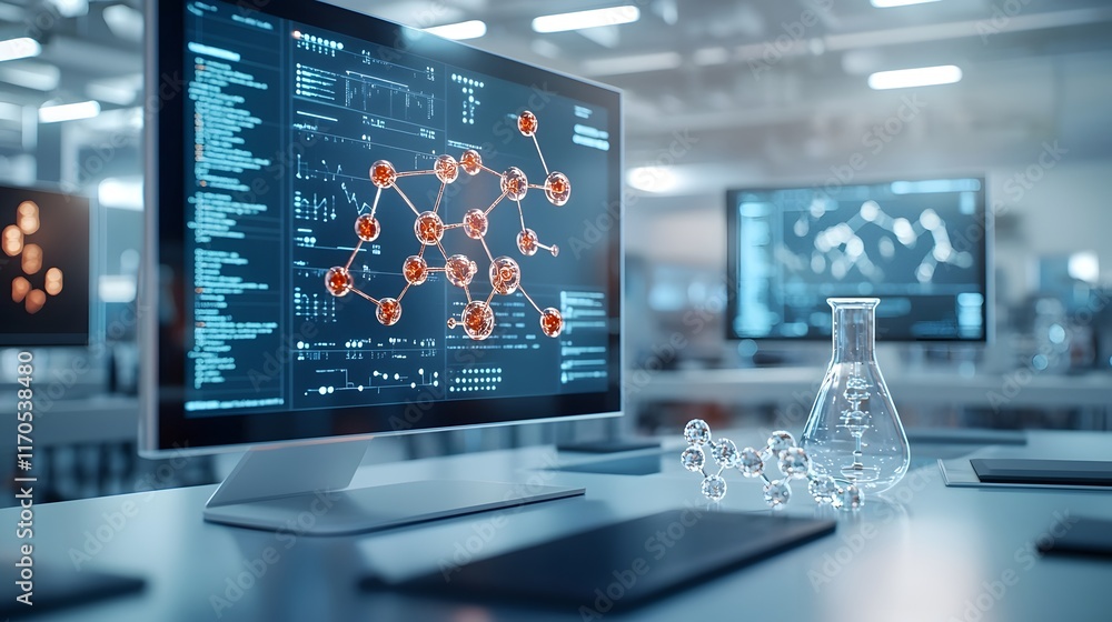 Poster quantum computing analyzing molecular structures with holographic animations of hydrogen bonds and p