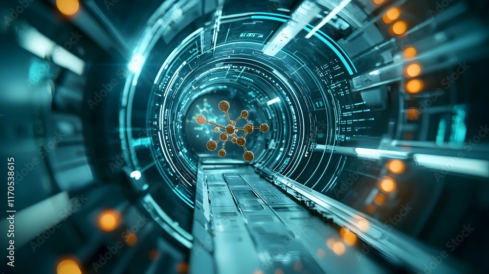 Poster quantum computing analyzing molecular structures with holographic animations of hydrogen bonds and p