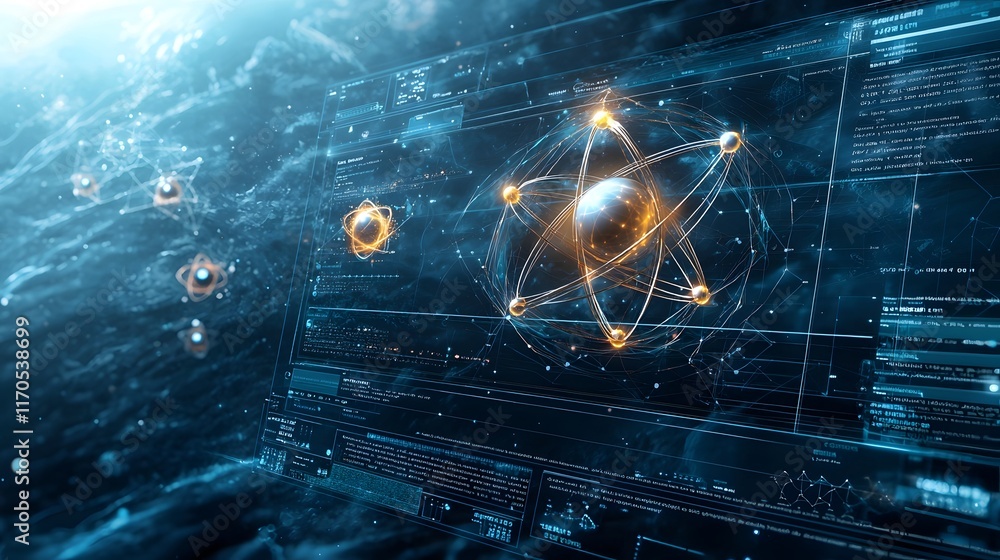 Poster captivating digital visualization showcasing the complex quantum simulations of metallic atomic bond