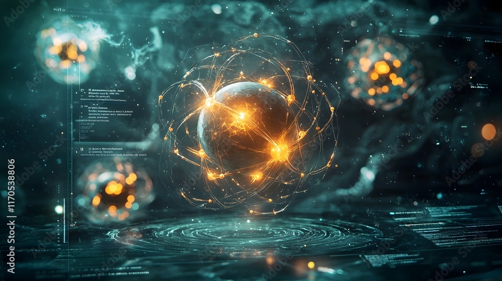 Poster glowing quantum simulations of metallic bonds with electron clouds surrounding atomic nuclei display