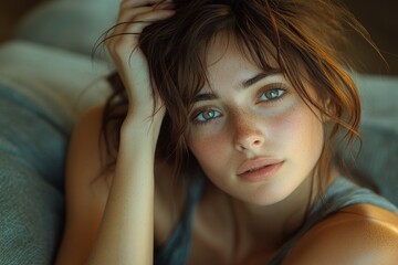 Fototapeta premium Skincare Hair Care Relaxing Beauty Portrait of Asian Woman in Natural Light with Short Hair Smiling