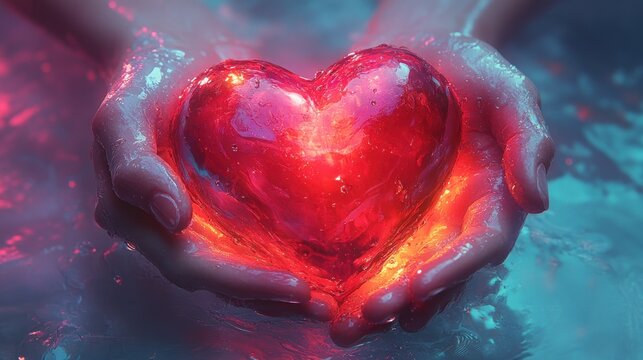 Vibrant Illustration of Love and Self-Care with Hands Holding Heart on Rainbow Background