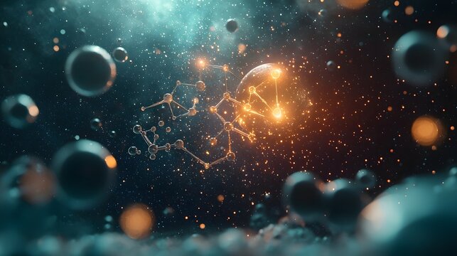 Quantum Computing Visualizes Hybridization and Molecular Orbitals with Glowing 3D Animations of and Pi Bonds Floating in Space Leaving Copy Space at the Top Right