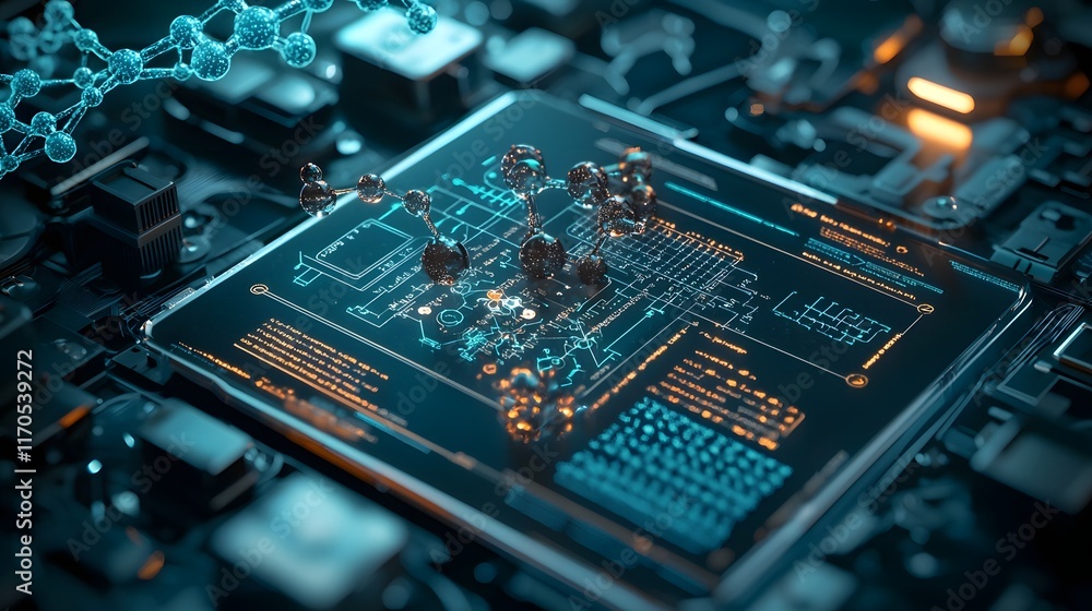 Poster quantum computing illustrating dynamic molecular bonds in biochemical processes with holographic dna