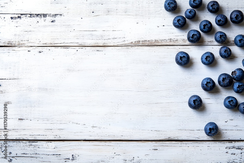 Poster Fresh wild blueberries are artfully arranged on a clean, distressed white wooden table, creating a delightful composition with generous copy space for text placement