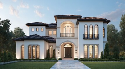 Modern Home Front Illuminated Elegantly During Evening Hours