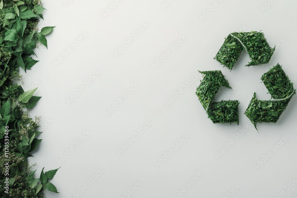 Poster a lively recycling symbol made from leaves and small flowers is presented on a clean white surface, 