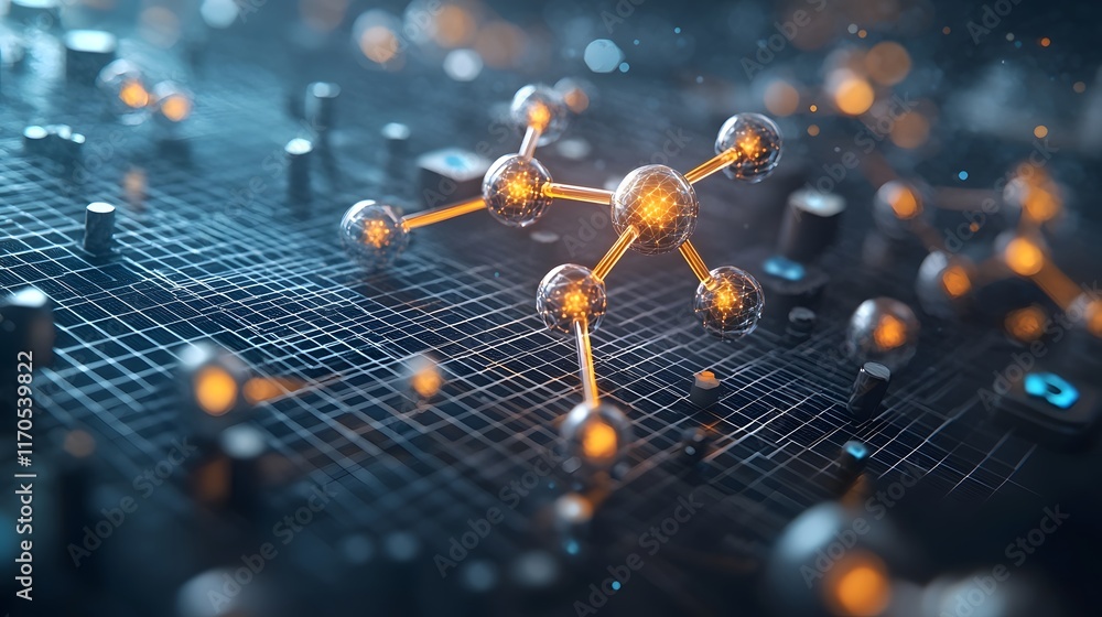 Poster quantum computing visualization of crystalline bonding structures and molecular displayed with glowi