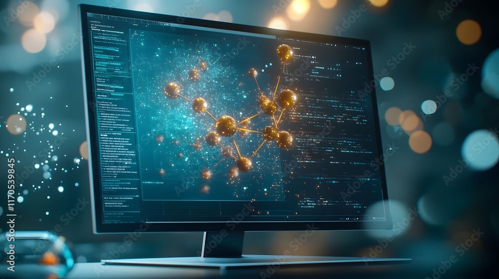 Poster quantum computer interface simulating chemical reactions with glowing particle effects showing bonds