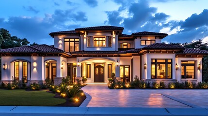 Modern Home Front Illuminated Elegantly During Evening Hours