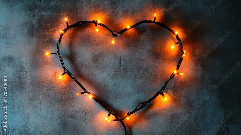 Aufkleber decorative heart shape created with warm string lights on a rustic textured background for romantic,