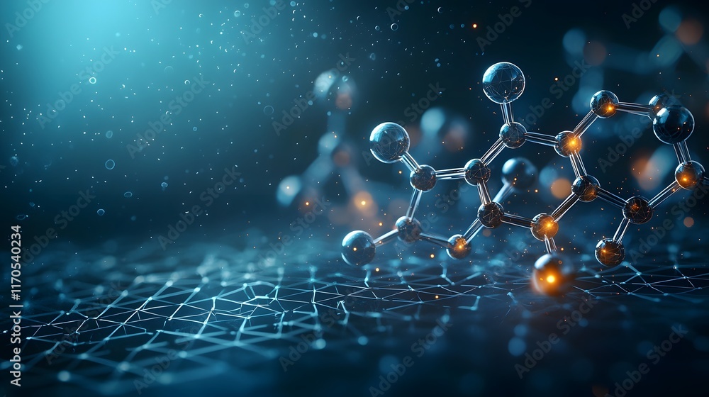 Poster Visualizing the intricate lattice structures and bonding in crystalline materials through the of quantum computing  This digital features glowing 3D grids molecular dynamic patterns