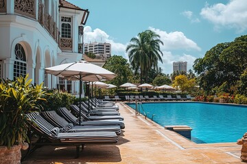 A serene photograph of a boutique hotel pool area, featuring stylish loungers, personalized touches such as fresh towels and fruit-infused water, and lush greenery surrounding the pool, capturing the