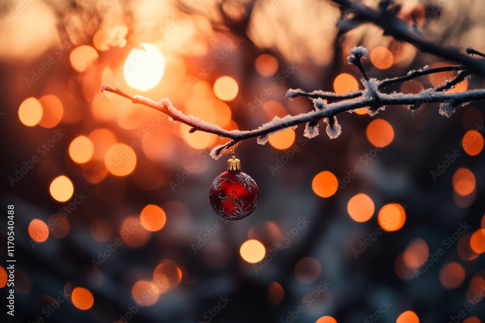 Fototapete a delicate red christmas bauble hangs from a frosted branch, illuminated by warm golden bokeh lights