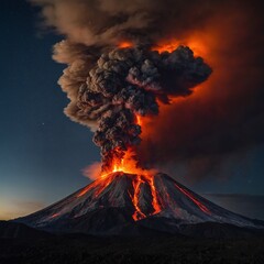 A volcanic mountain erupting at night, illuminating the sky with fiery reds and oranges.