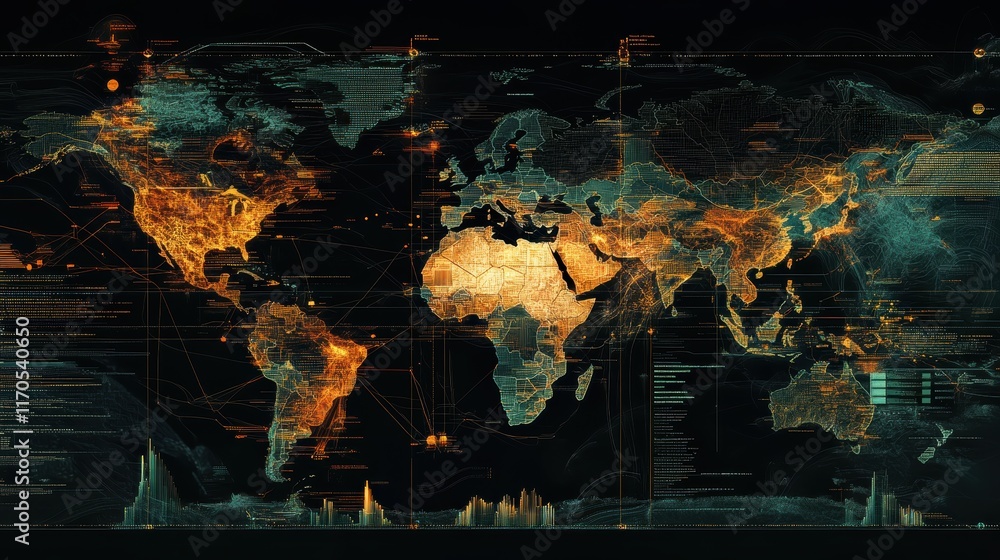 Leinwandbilder Global currency exchange rates visualized across a detailed world map with data overlays and connections