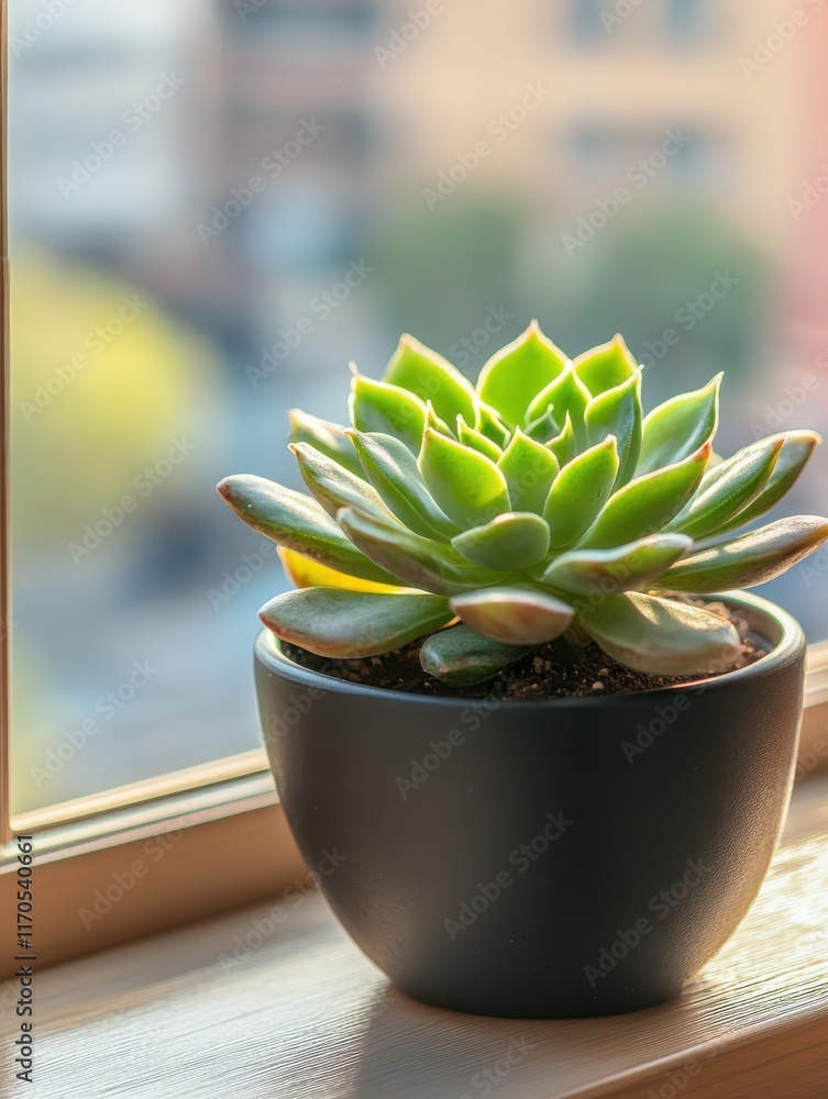 Poster close-up view of a succulent plant in a pot on a windowsill with blurred city background