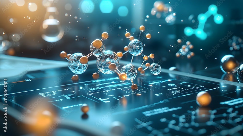 Poster holographic display showcasing complex quantum calculations of molecular bond angles and 3d models o