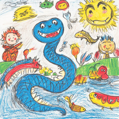 Fototapeta premium colorful illustration featuring blue snake, cheerful sun, and playful creatures in vibrant landscape. scene is lively and imaginative, perfect for celebrating creativity