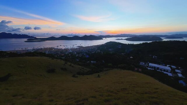 Sunset aerial view from Mount Tapyas over Coron Bay