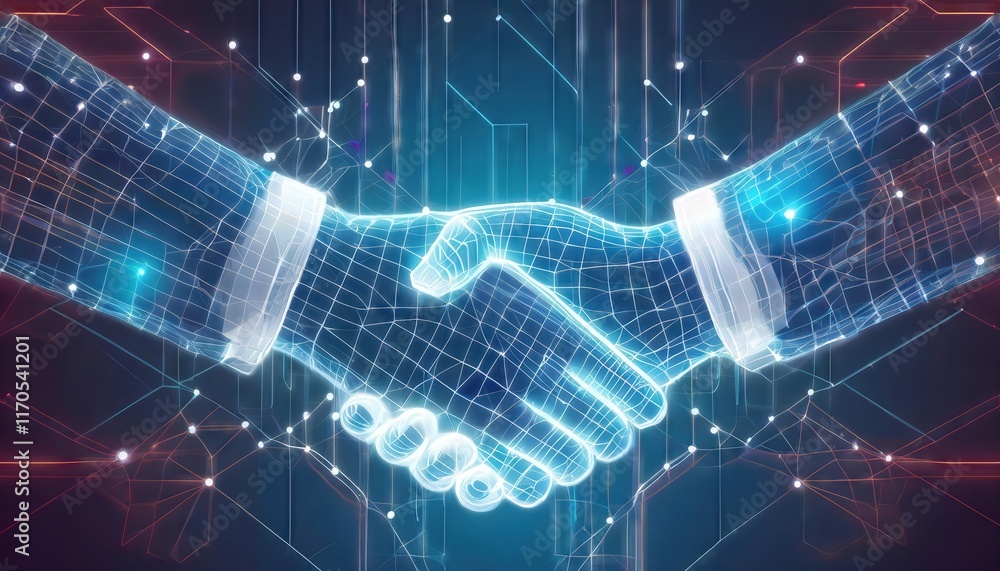 Aufkleber futuristic wireframe glowing hands in a handshake a symbol of technologydriven collaboration and bus