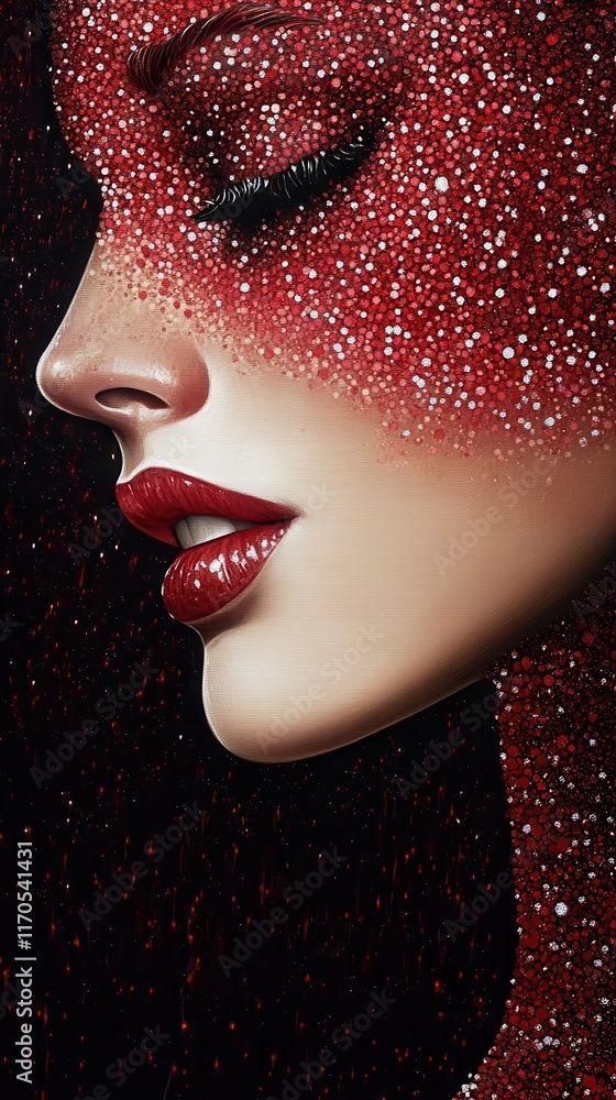 Poster Elegant profile adorned with bold ruby red and soft silver sparkles in a dark background
