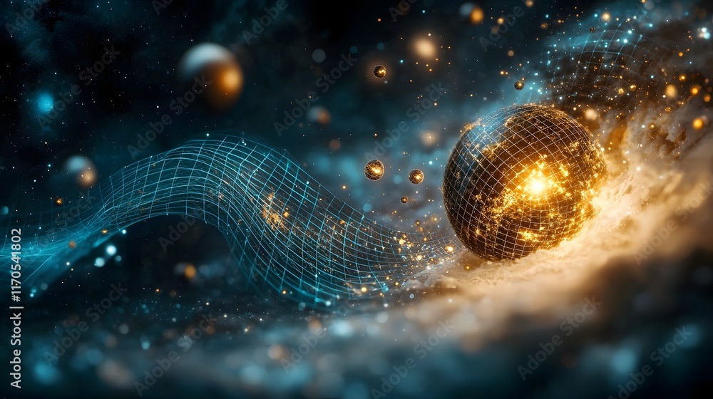 Poster quantum computer visualization illustrating the warping of spacetime by gravity with animated grids 
