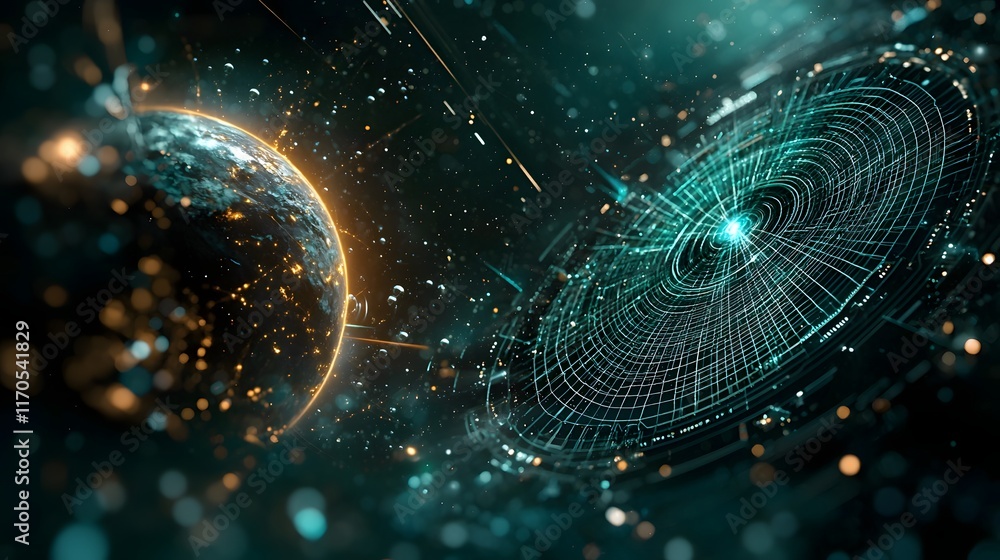 Poster a quantum computer illustrating the warping of spacetime by the gravity of massive celestial objects