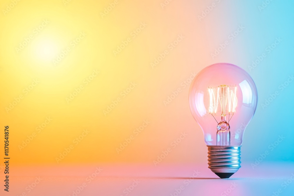 Leinwandbilder A glowing vintage lightbulb with an elegant filament design shines against a pastel yellow background, adding warmth and inviting charm to any setting