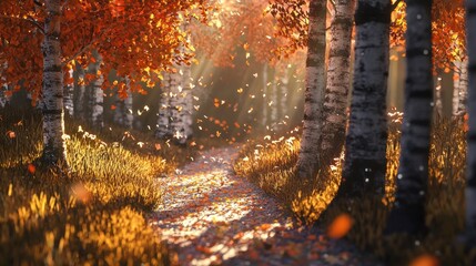 Golden Autumn Path Through Birch Forest Leaves Falling