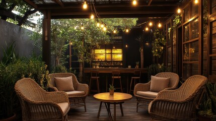 Cozy outdoor lounge with rattan chairs and warm lighting in a vibrant garden setting during evening hours