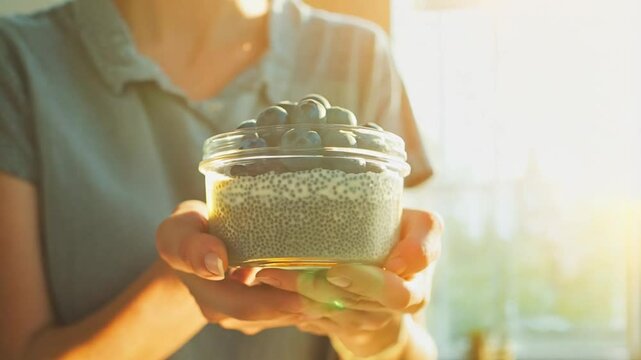 A close-up of hands holding a glass jar of chia pudding topped with fresh blueberries, showcasing a healthy and minimalist breakfast concept.