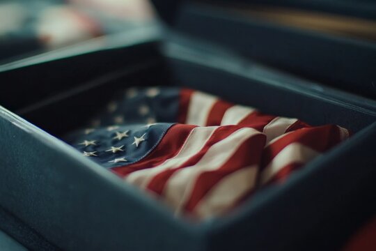 The American flag is beautifully folded in a triangular display case, showcasing its vibrant colors. Soft lighting accentuates the flag against a dark blue background