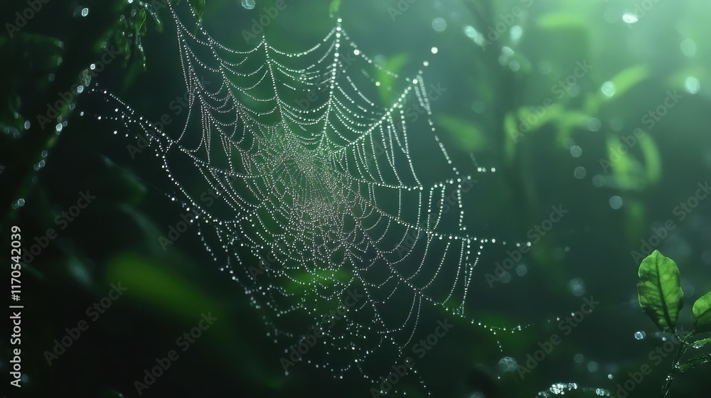 Aufkleber enchanting view of morning dew on a spider web surrounded by lush vegetation in the forest