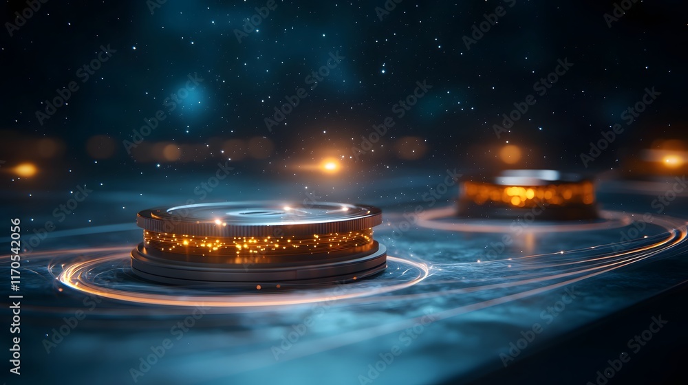 Poster quantum computing visualizing the interaction of light beams in gravitational glowing 3d models of l