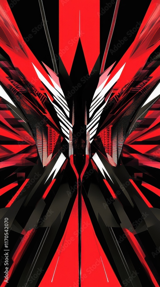 Poster dynamic design featuring sharp contrasts of red and black with intricate patterns and bold lines rep