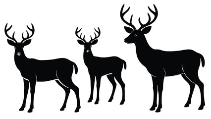 Graphic black silhouettes of wild deers – male, female and roe deer