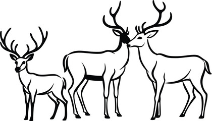 Graphic black silhouettes of wild deers – male, female and roe deer