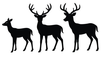 Graphic black silhouettes of wild deers – male, female and roe deer