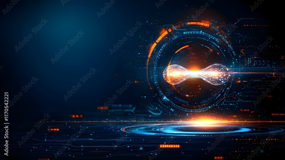 Poster Holographic interface from a quantum computer depicting the twin paradox experiment where one twin travels near the speed of light leaving copy space at the top for additional data or visualization